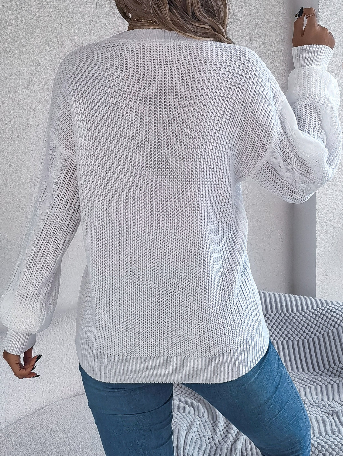 Women Casual V-neck Lantern Sleeve Cable Knit Button Cardigan Sweater