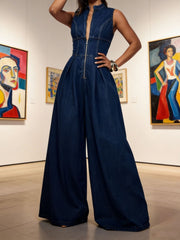 Slimming Denim Jumpsuit Sleeveless Wide-Leg Romper