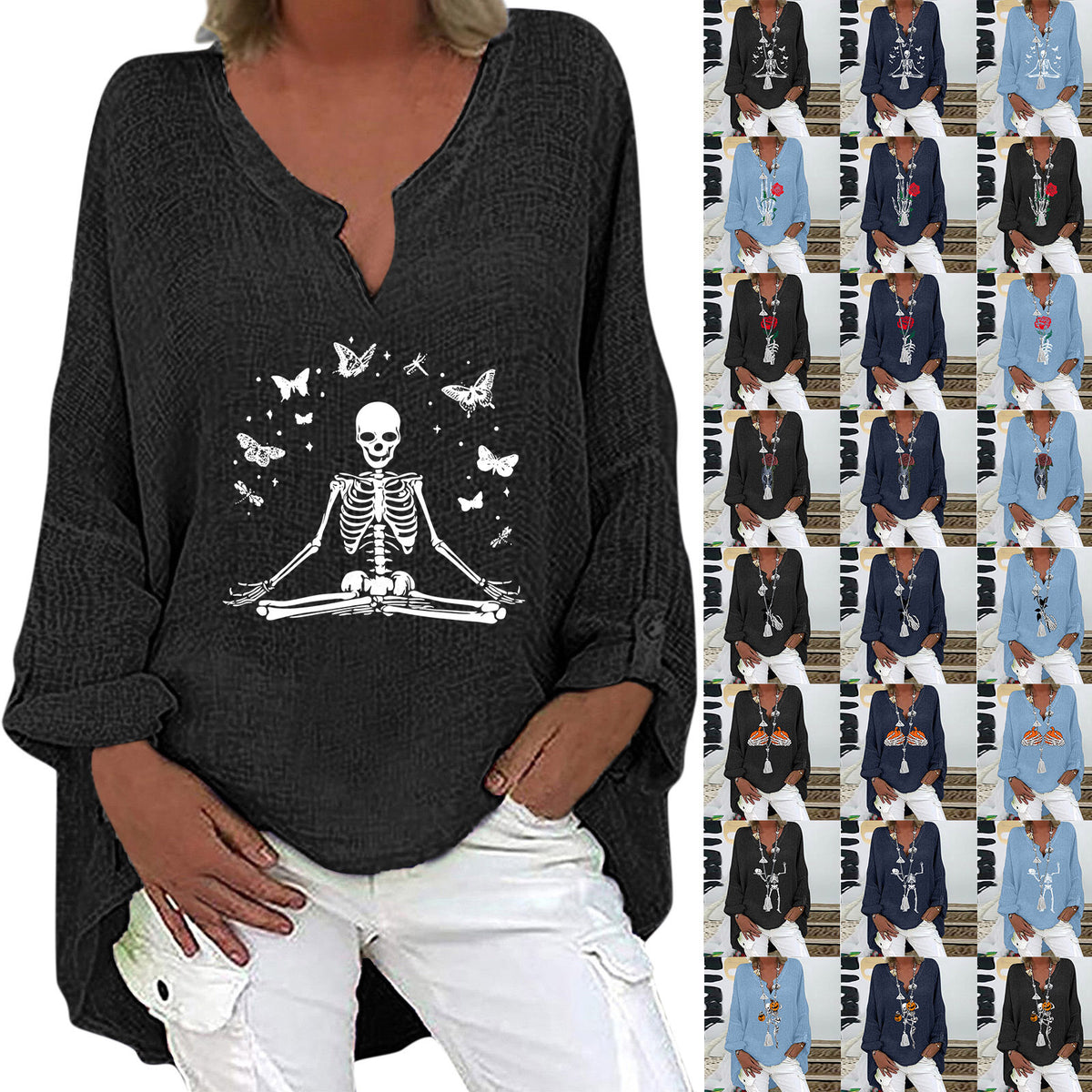 Women's Halloween V-Neck Cotton Linen Long Sleeve Shirt