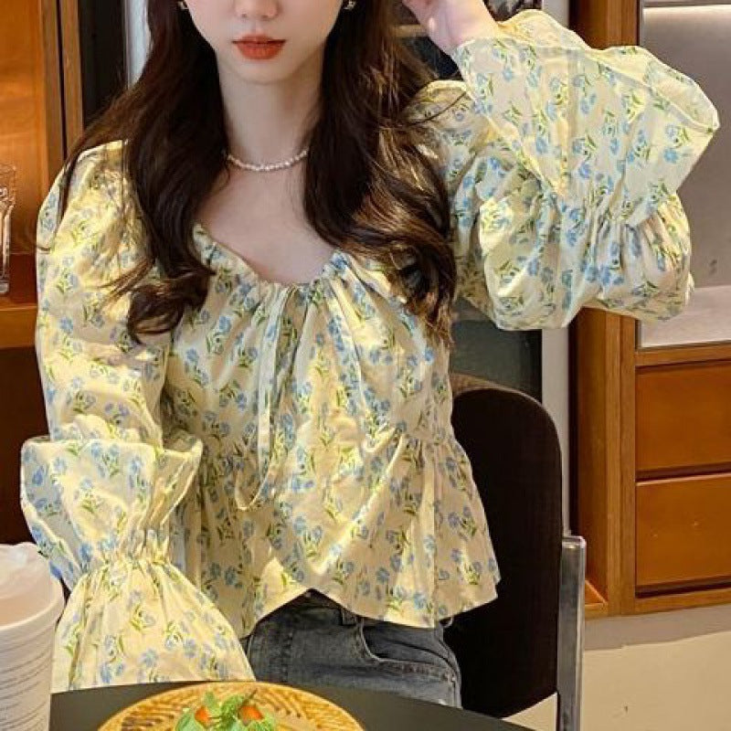 French Floral Shirt Off-shoulder Square Collar Niche Design