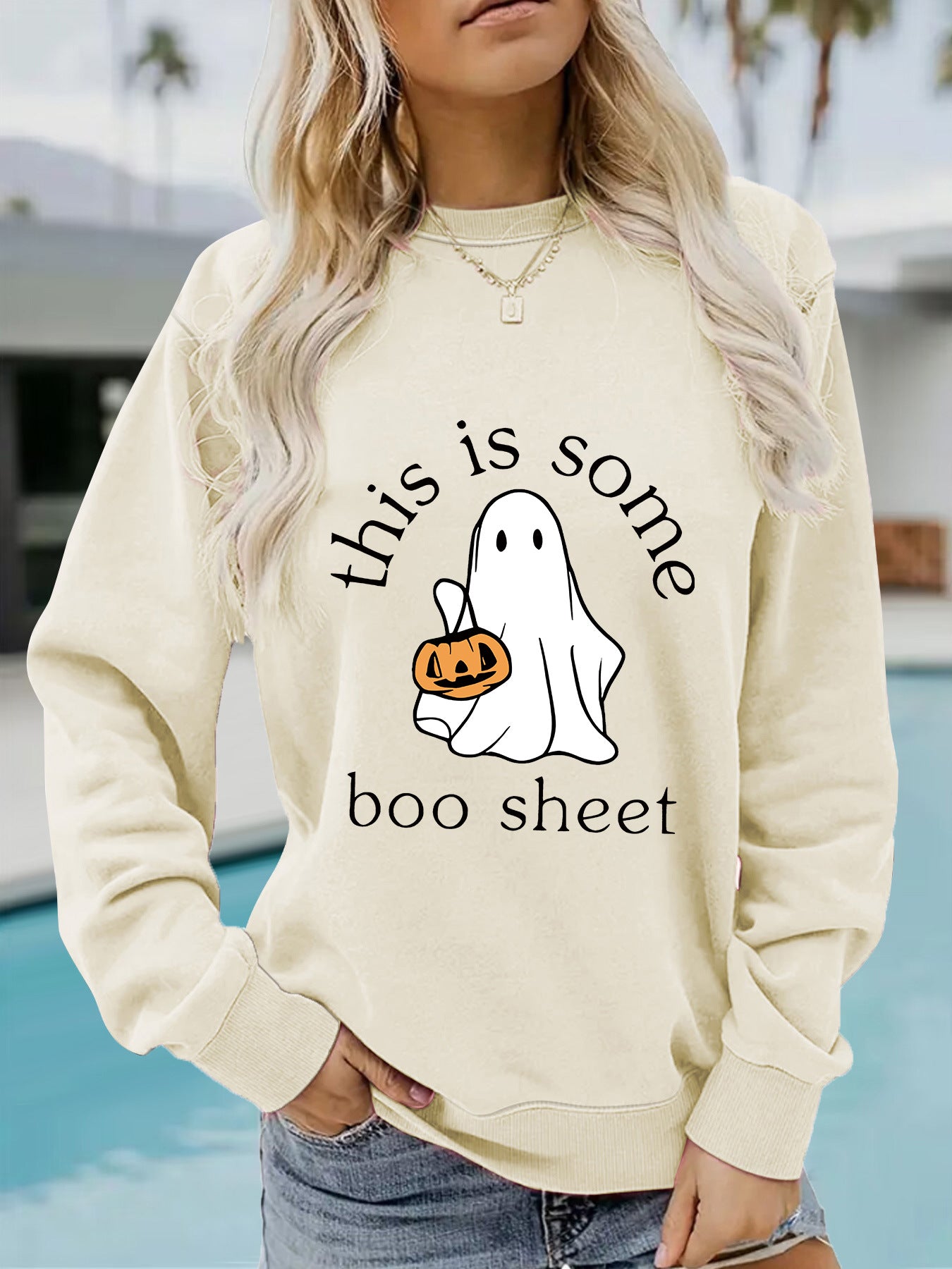 Spooky Chic Halloween Print Crewneck Pullover Sweatshirt