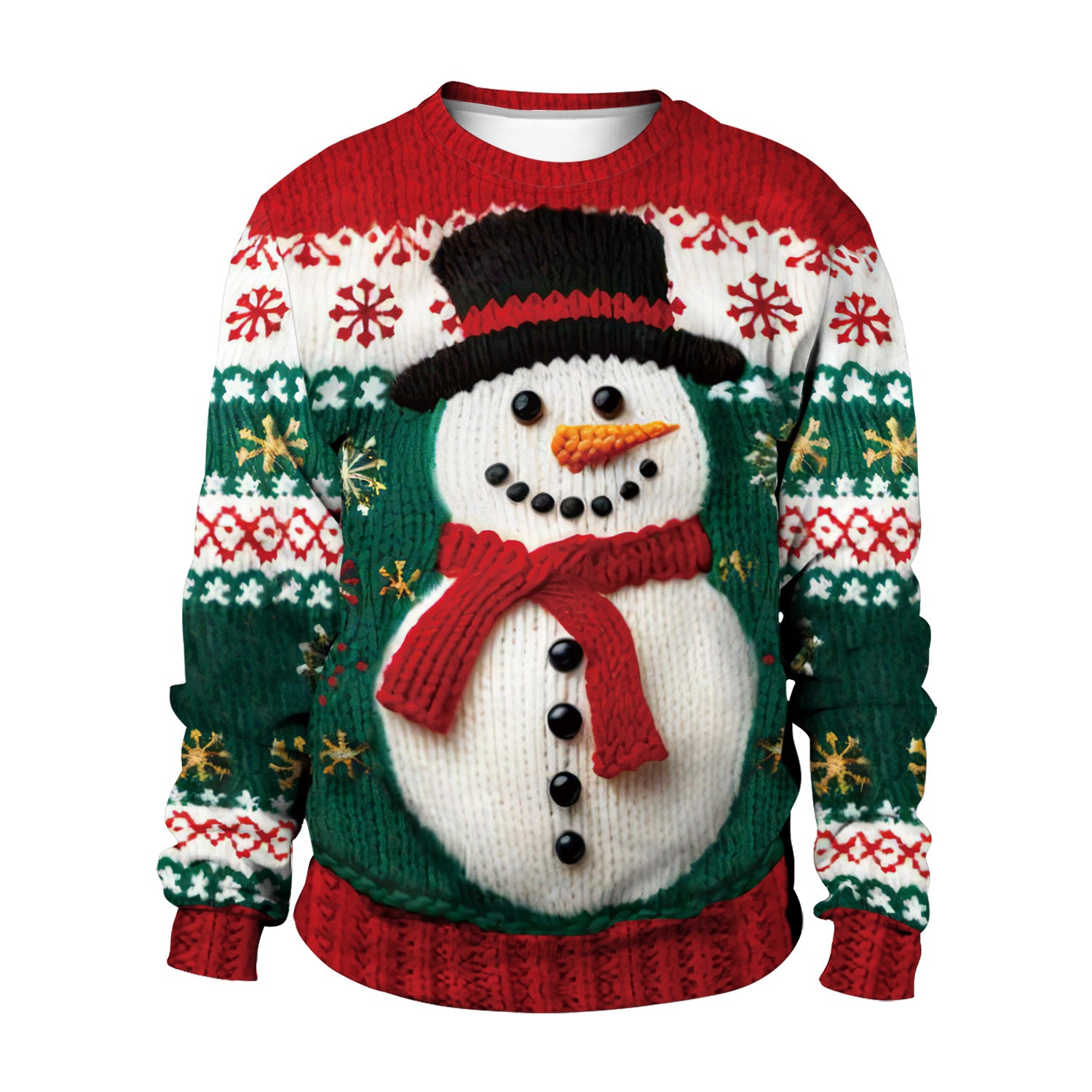 Festive Snowman Christmas Tree Print Crewneck Sweater
