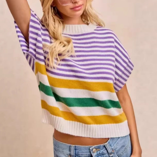 Round-neck Knit Top Striped Womens Clothing