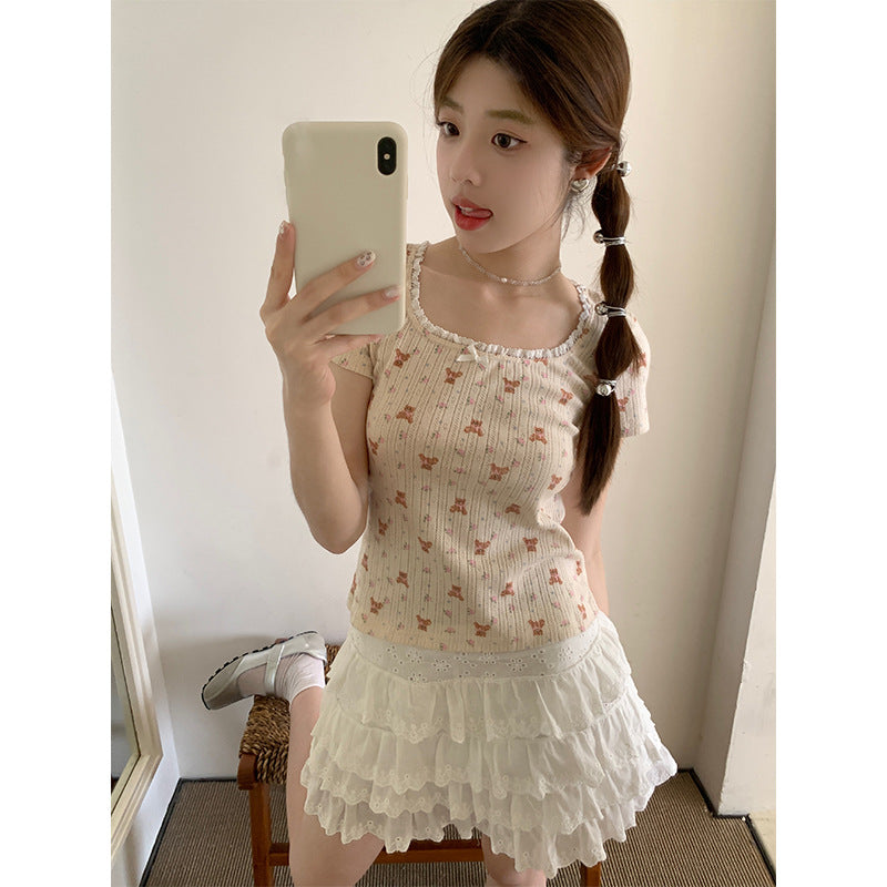 U Collar Lace Short-sleeved T-shirt Slim-fit Floral Top