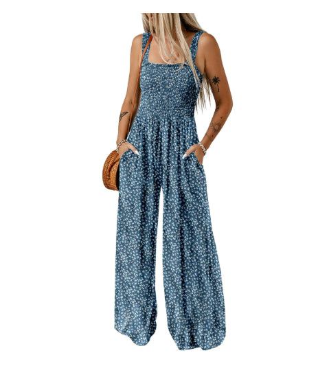 Bohemian Floral Spaghetti Strap Wide Leg Overalls