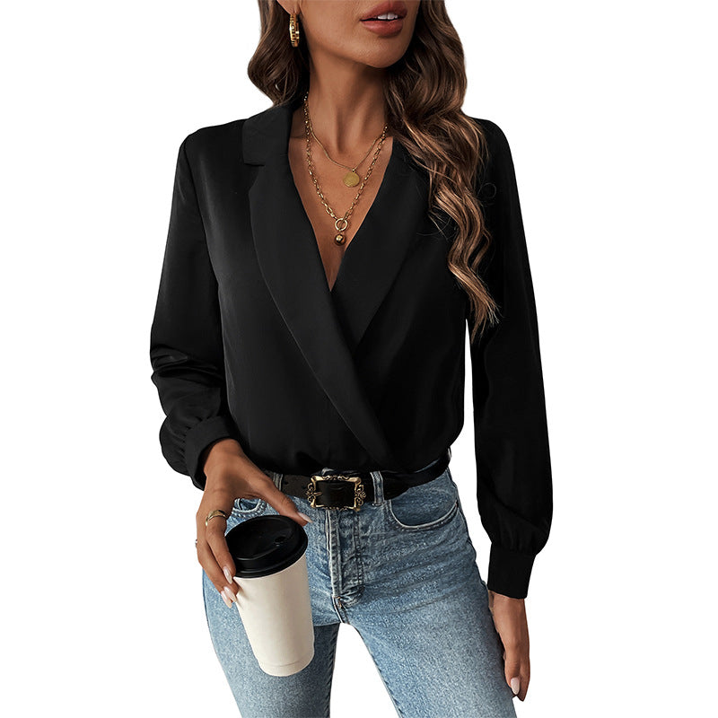 Chic Black Long Sleeve Lapel Jumpsuit