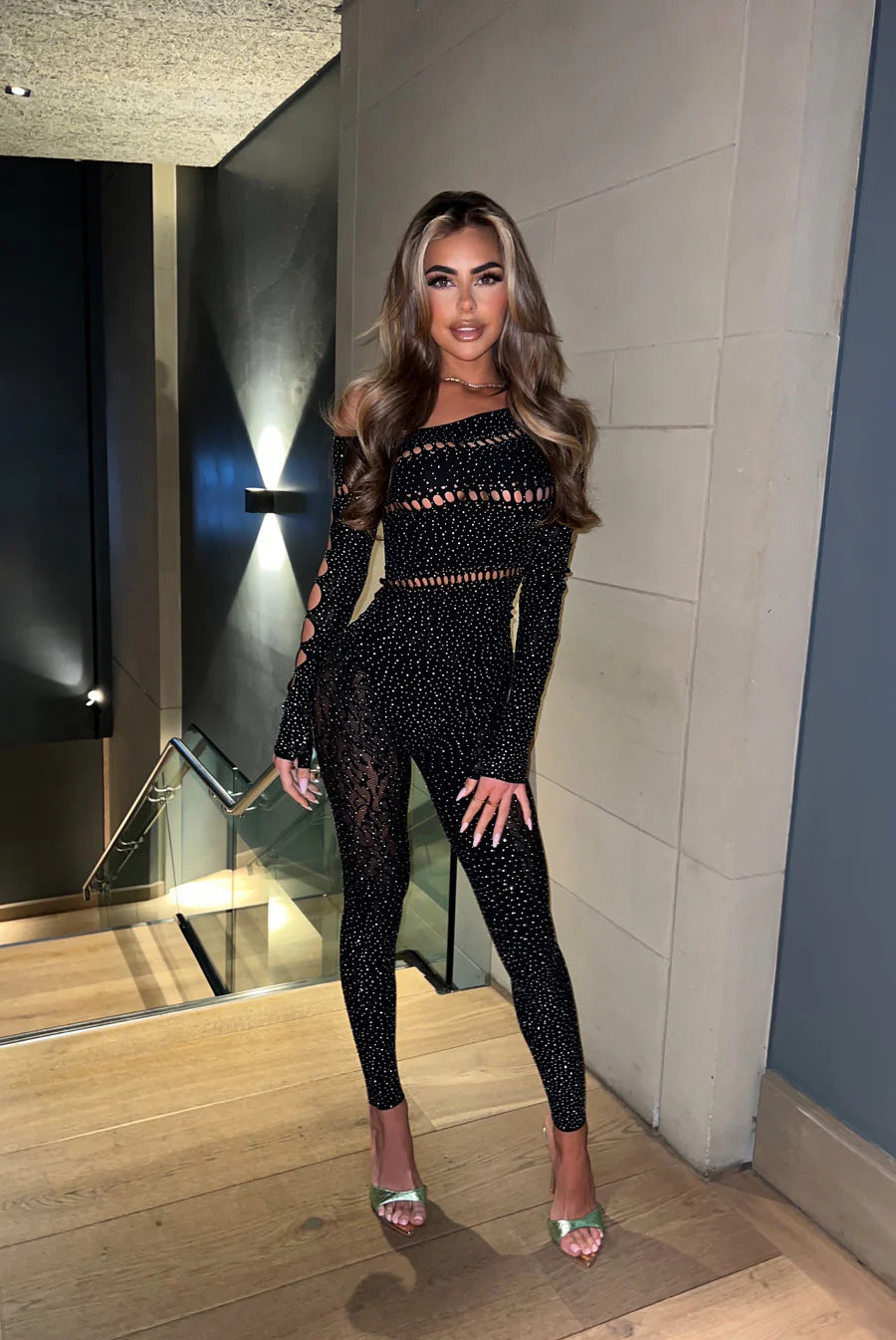 Sparkling Rhinestone Long-Sleeve Jumpsuit