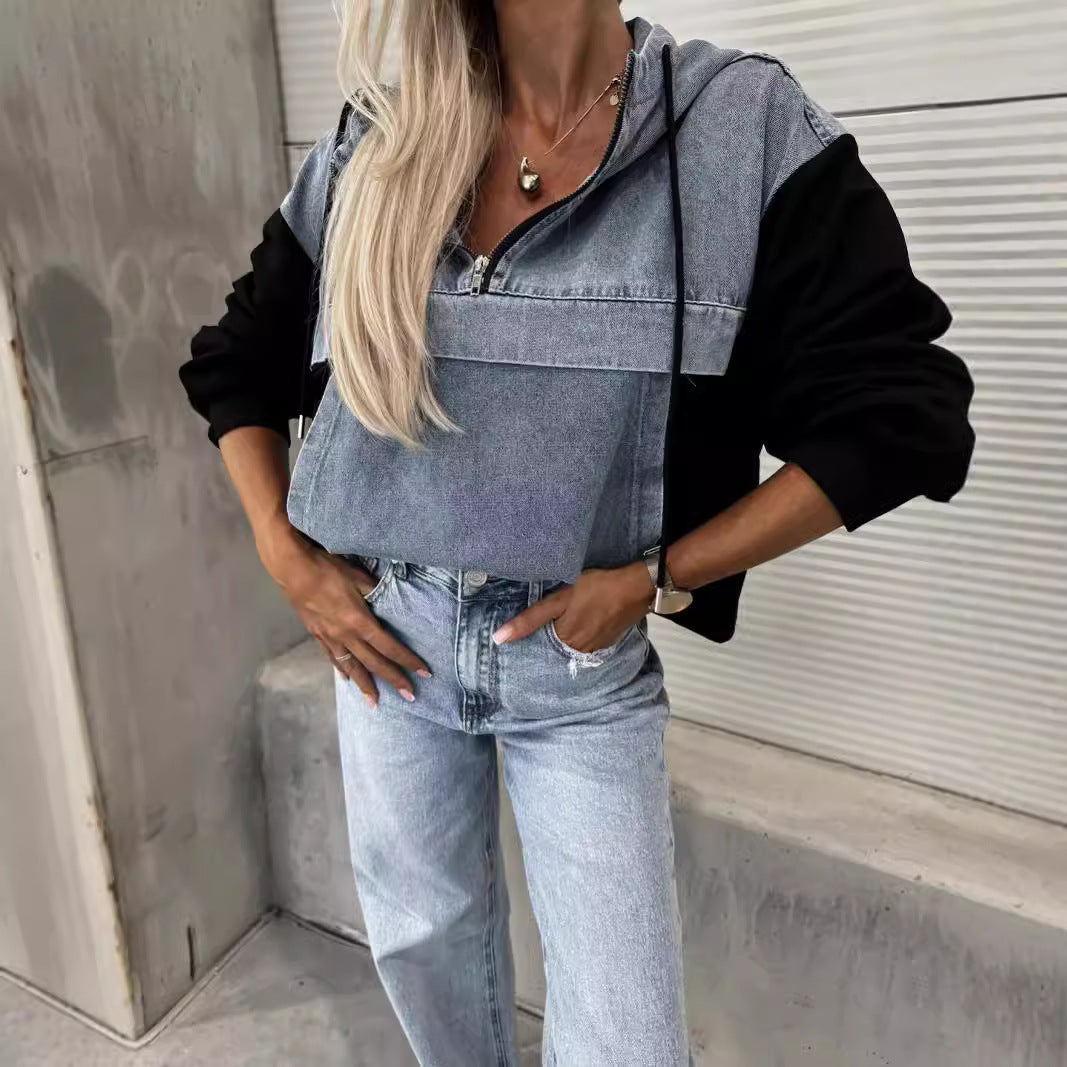 Casual Denim Patchwork Hooded Women's Sweatshirt