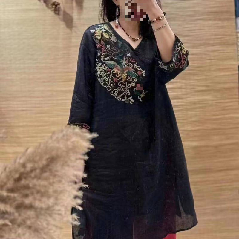 Retro Ethnic Style Embroidered Midi Dress Thin and Loose