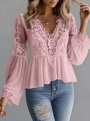 Elegant V‑Neck Peplum Blouse – Lace Detail & Flowy Chiffon