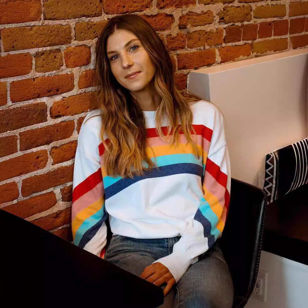 Colorful Rainbow Striped Casual Long Sleeve Pullover Sweatshirt
