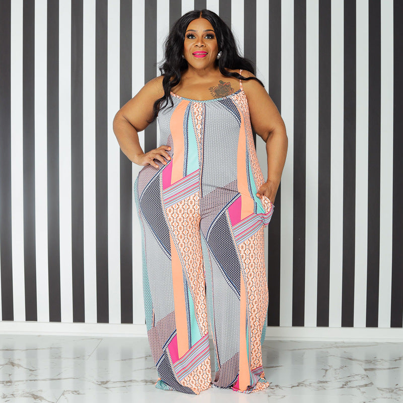 Plus Size Abstract Print Maxi Slip Overalls with Pockets
