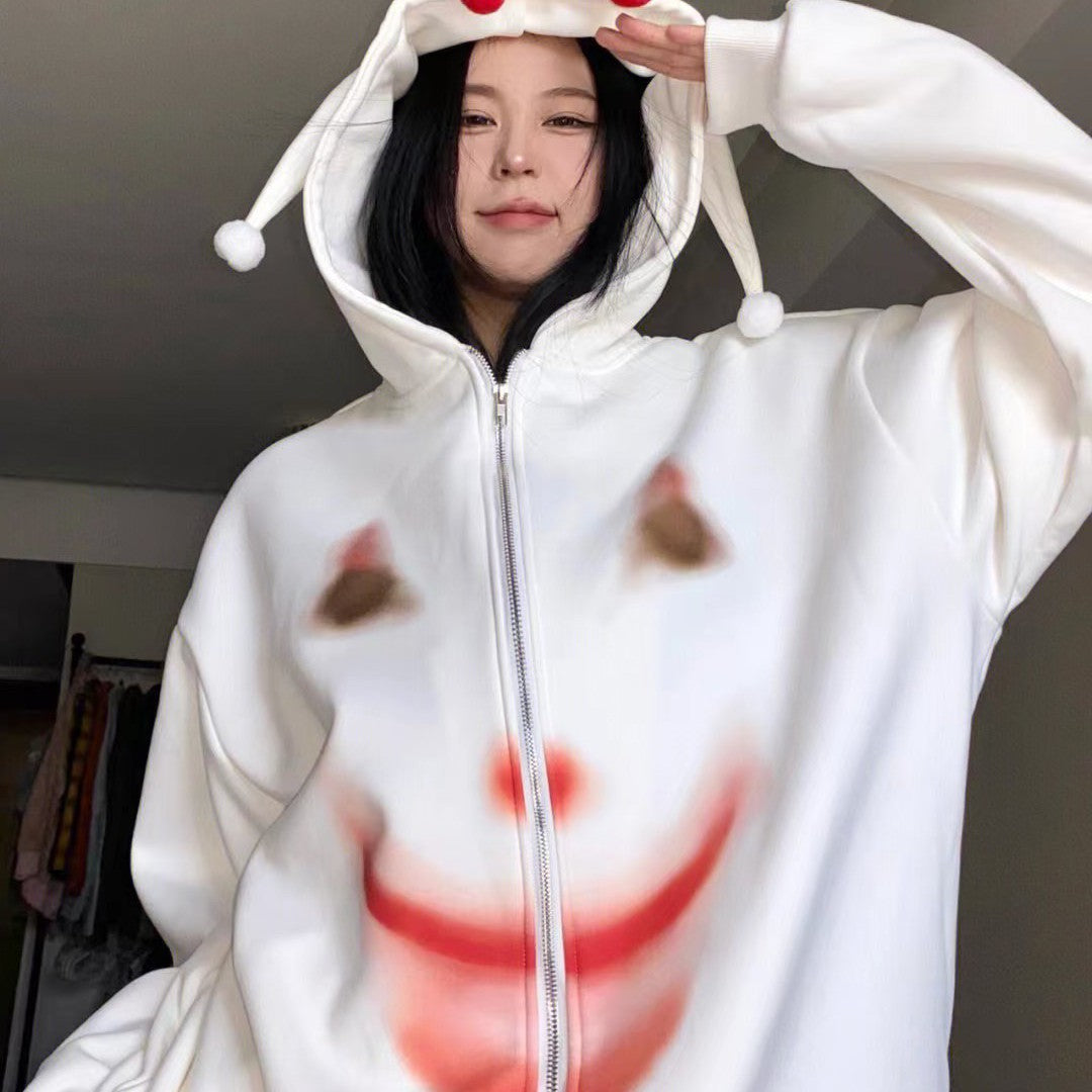 Women's White Zip-Up Loose Sweater