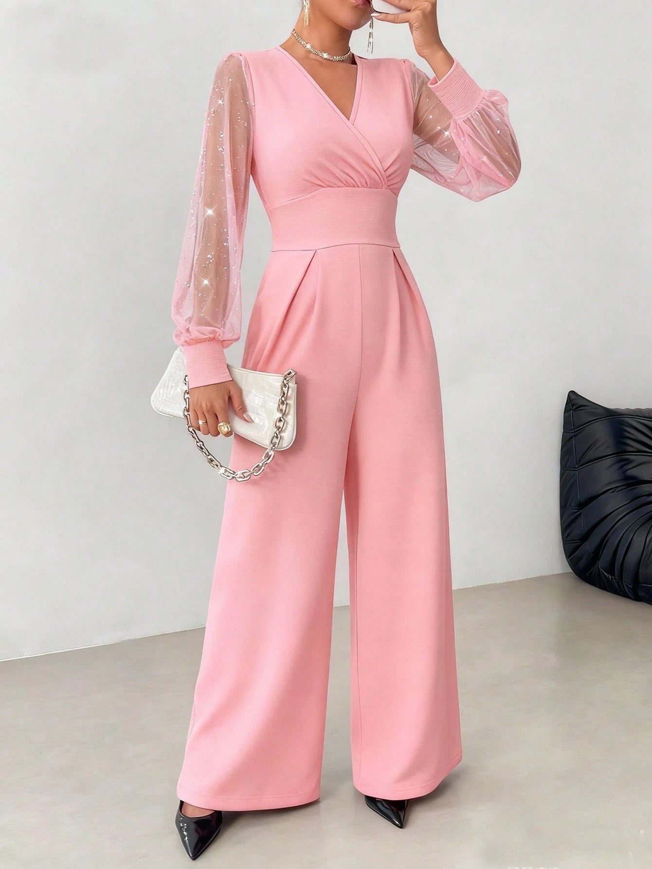 V Neck Defined Waist Sexy Mesh Patchwork Straight Suit For Women