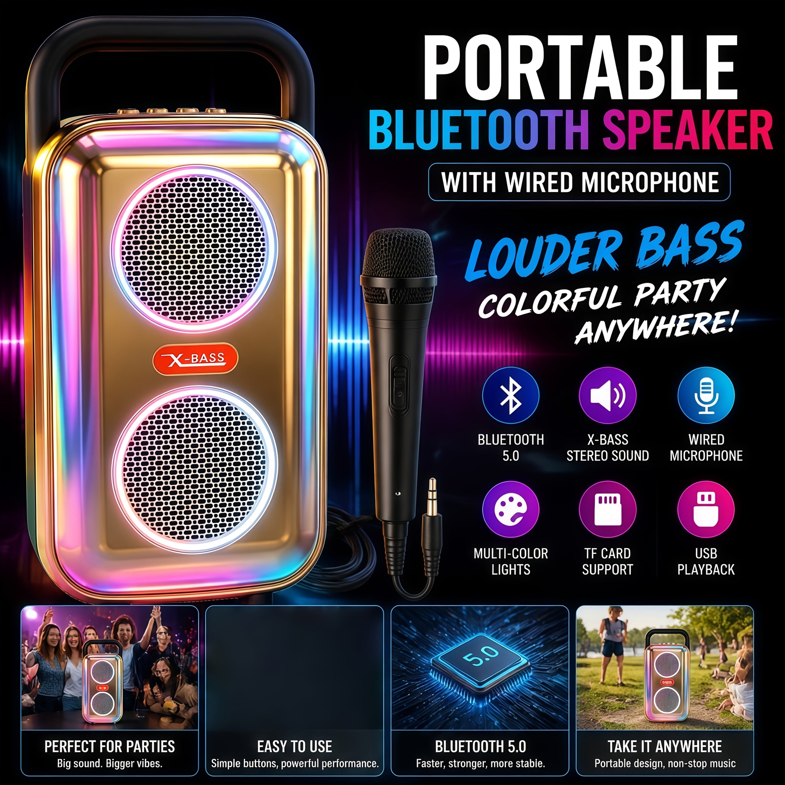 Bluetooth Karaoke Speaker with Wired Microphone – Colorful LED Lights, PA System, TF Card/USB/AUX Support, TWS Capability – Ideal for Parties, Large Events, and Square Dancing