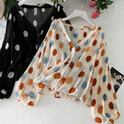 V-neck Pleated Polka Dot Sun Protection Shirt For Women