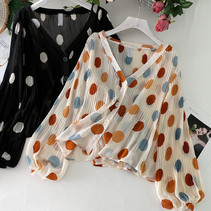 V-neck Pleated Polka Dot Sun Protection Shirt For Women