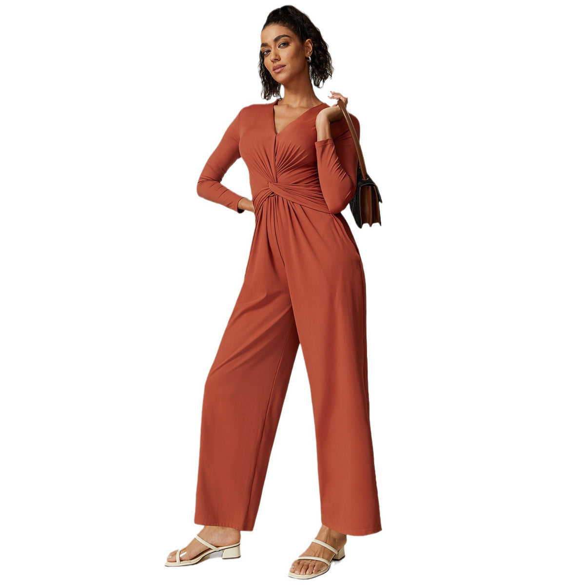 V-neck Pleated Design Sense High Slit Yoga Dress Women