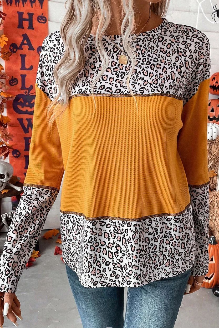 Leopard Splicing Waffle Knit Pullover Sweater