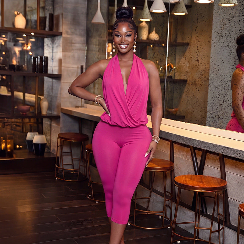 SummerAutumn New Womens Sleeveless Solid-Color Tight Cropped Jumpsuit With Flared Legs