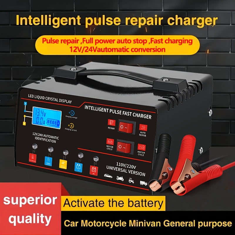 12V&24V Intelligent Universal Battery Charger With LCD Display, Smart Repair, Temperature Compensation, Overcharge And Short Circuit ProtectionSuitable For Intelligent Trickle Charging Of Cars, SUV...