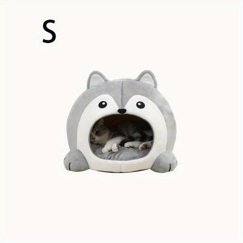 Heated Cat House & Dog Bed - Soft Pet House With Open Entrance Tunnel, Cozy Round Bed - Warm Lounger Pad & Sleeping Tent - Cute Grey & White Design With Paw Print - Durable Nylon Construction For C...