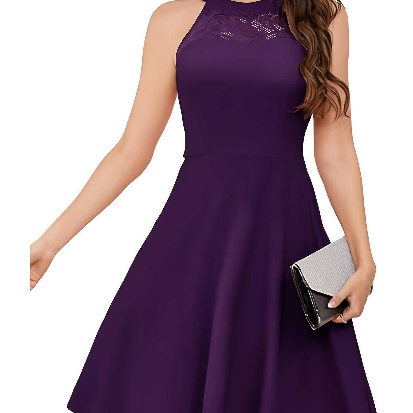 Plus Size Women's Lace Halter Neck A-Line Midi Dress – Elegant Fit & Flare, Casual Party Wear