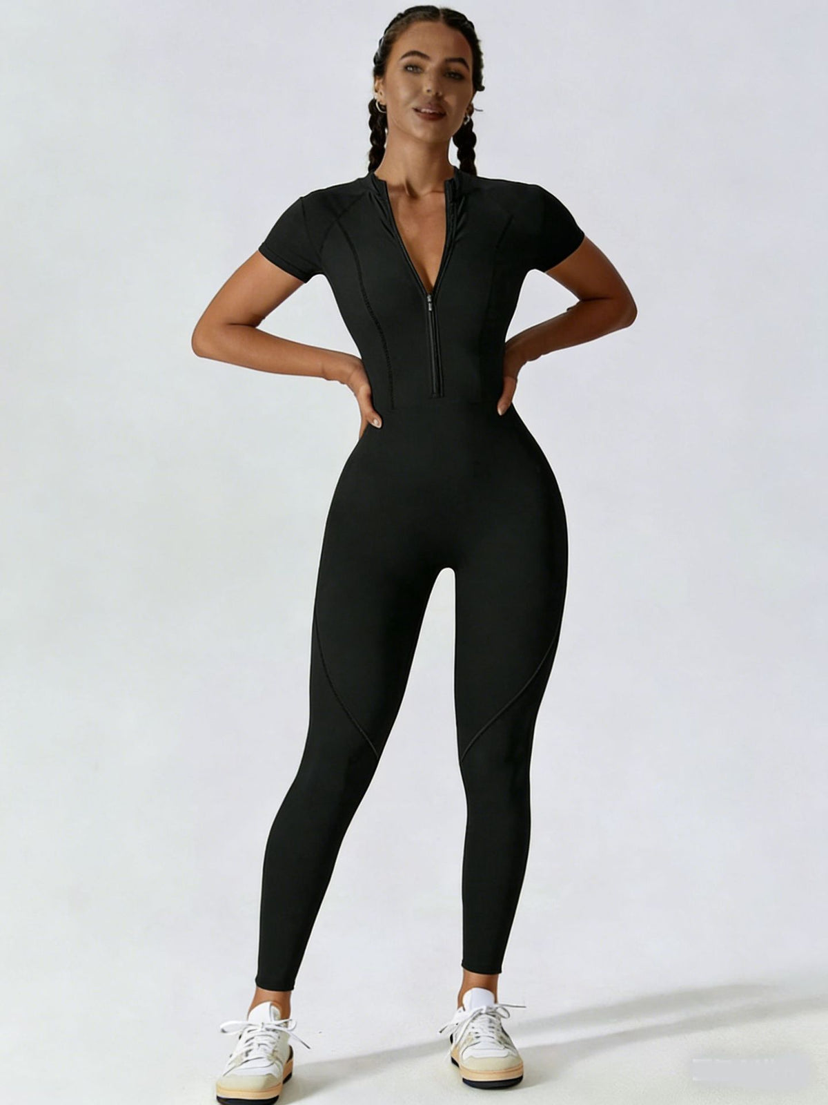 Women's Zipper Short-Sleeve Yoga Jumpsuit Fitness Romper