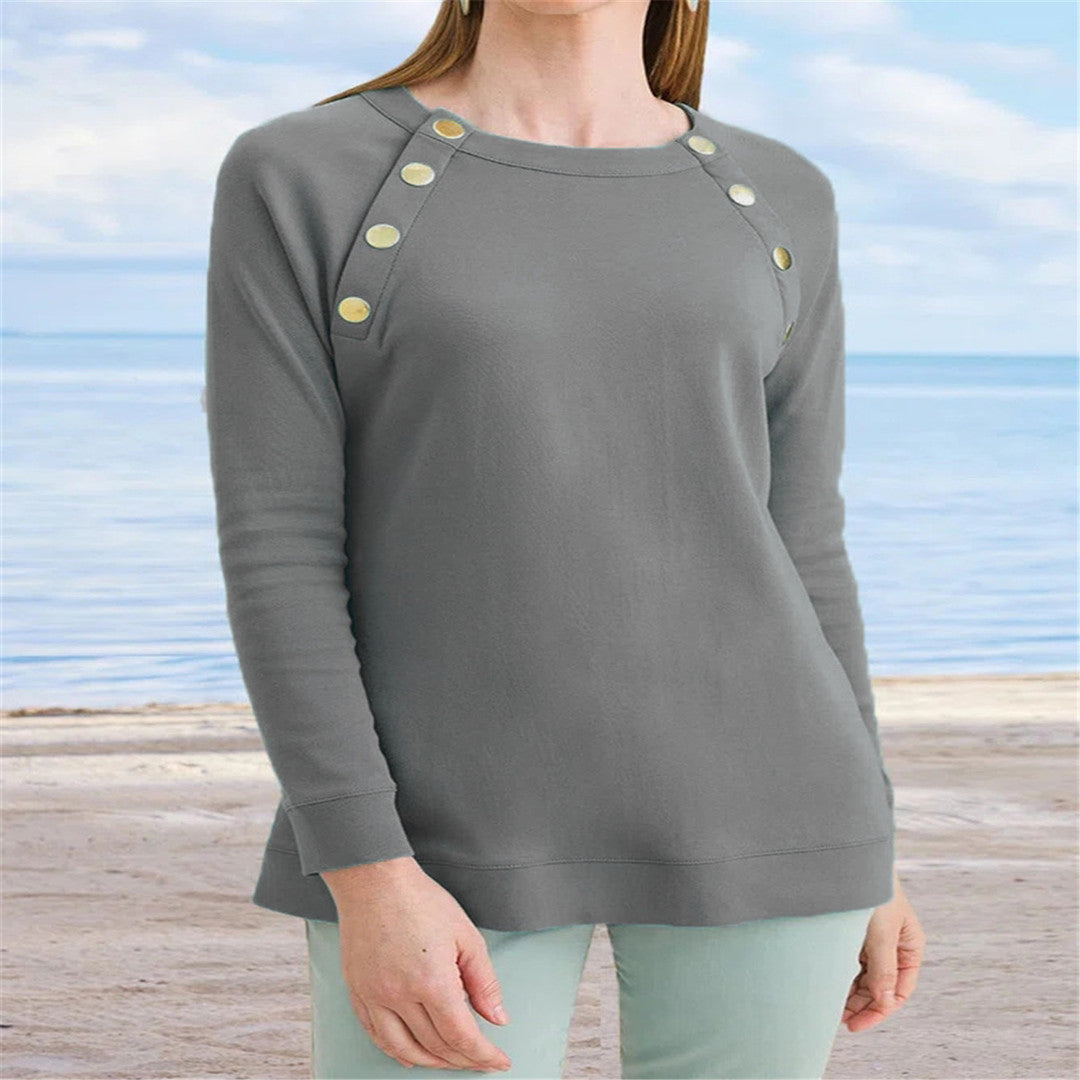 Chic Metal Button Round Neck Casual Long-Sleeve Sweater