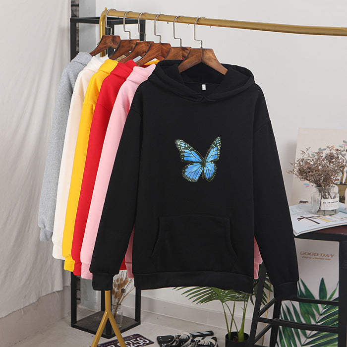 Cozy Fleece-Lined Butterfly Print Pullover Hoodie