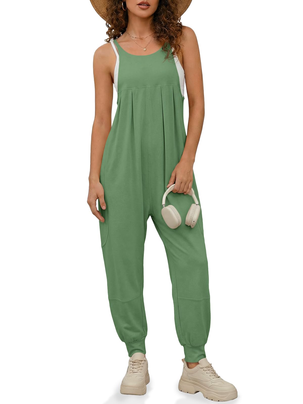 Fisoew Jumpsuits For Women Summer Casual Overalls Spaghetti Strap Sleeveless Pleated Rompers Jumpers With Pockets