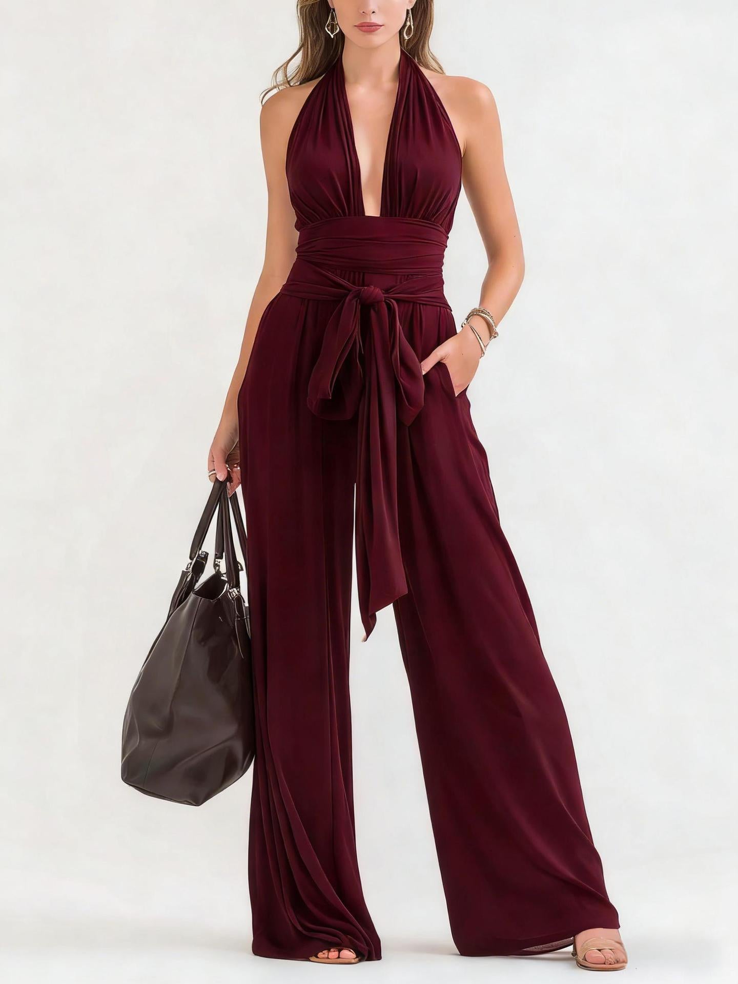 Halter-Neck V-Neck Solid Jumpsuit