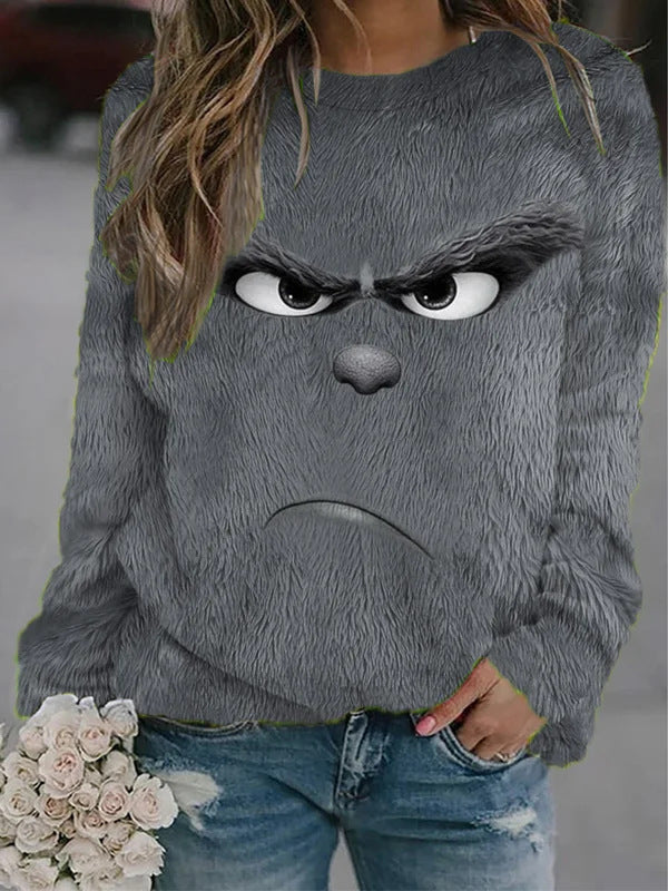 Green Fur Print Round Neck Loose Women's Pullover Sweater
