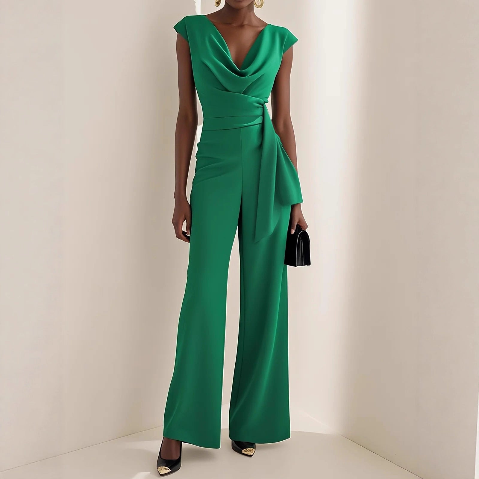 Elegant Sleeveless Cowl-Neck Belted Jumpsuit