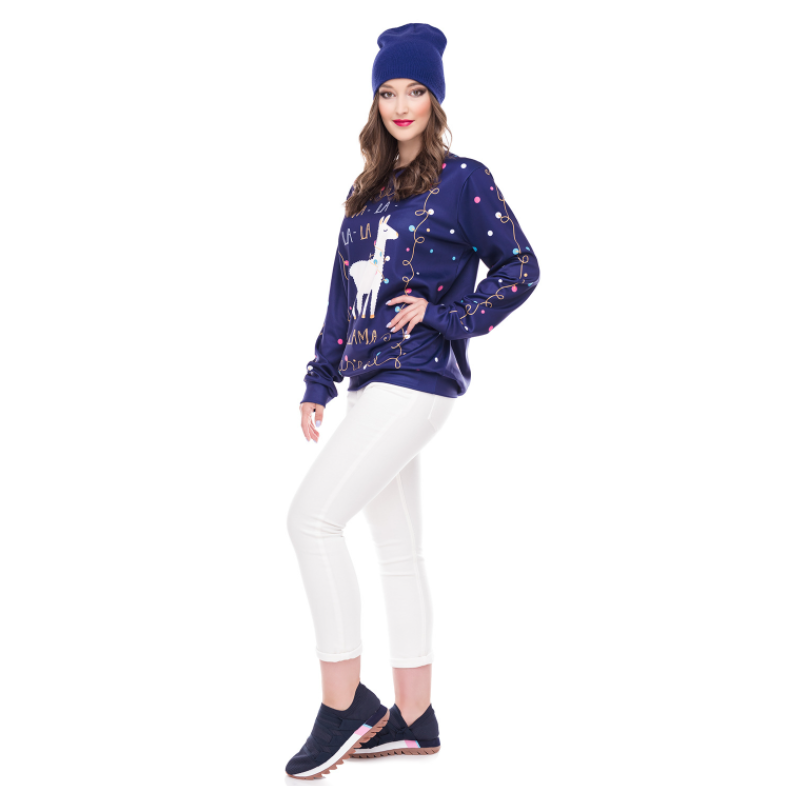Cute Christmas Alpaca Print Crew Neck Sweatshirt