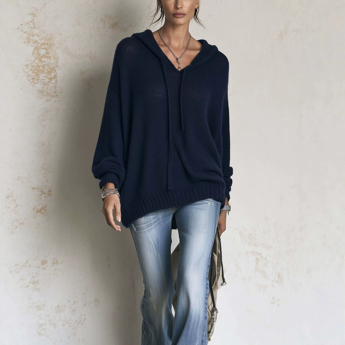 Womens Knitted Hooded Long-sleeve Sweater with Drawstring