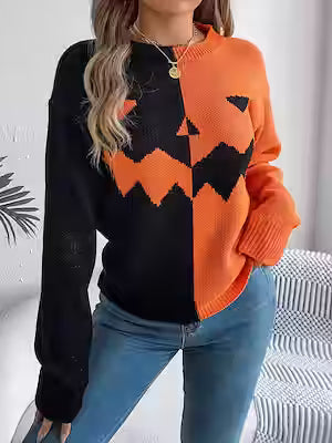Ghost Pumpkin Contrast Color Long Sleeves Pullover