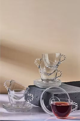 6-piece glass tea set with handled cups and saucers