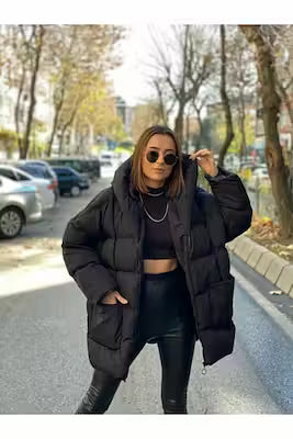 Black hooded down jacket for women