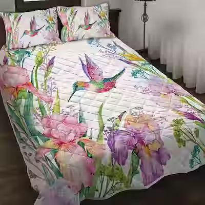 Hummingbird Pattern Microfiber Quilt Set with 2 Pillowcases, Lightweight Tropical Bedding