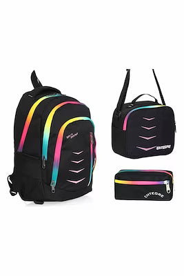 3-piece school set with rainbow zipper backpack, lunch bag, and pencil holder