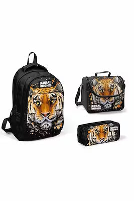 Kids Black Tiger‑Patterned Three-Compartment 3‑Pack Backpack Set
