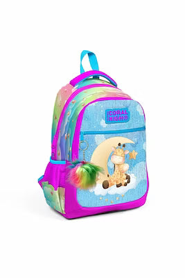 Kids Blue Pink Giraffe Patterned 3-Compartment School Backpack