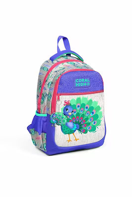 Kids 3-compartment school backpack with silver lavender peacock pattern