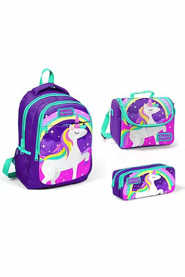 Unicorn patterned 3-piece school backpack set with three compartments