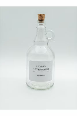 1-liter glass liquid detergent bottle with cork stopper and waterproof label