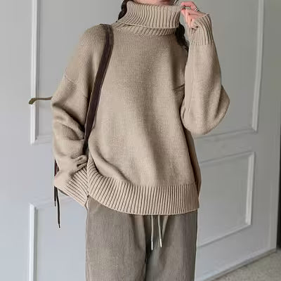Loose Fitting High Neck Solid Color Sweater