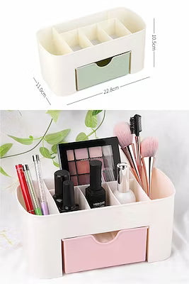 Durable plastic makeup organizer with drawer for cosmetics storage