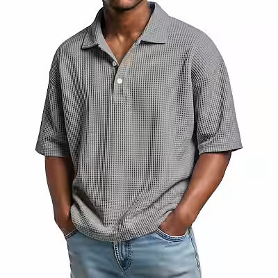 Men's waffle‑pattern button‑collar polo shirt, short‑sleeve, slim fit