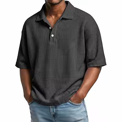 Men's waffle‑pattern button‑collar polo shirt, short‑sleeve, slim fit - image 2